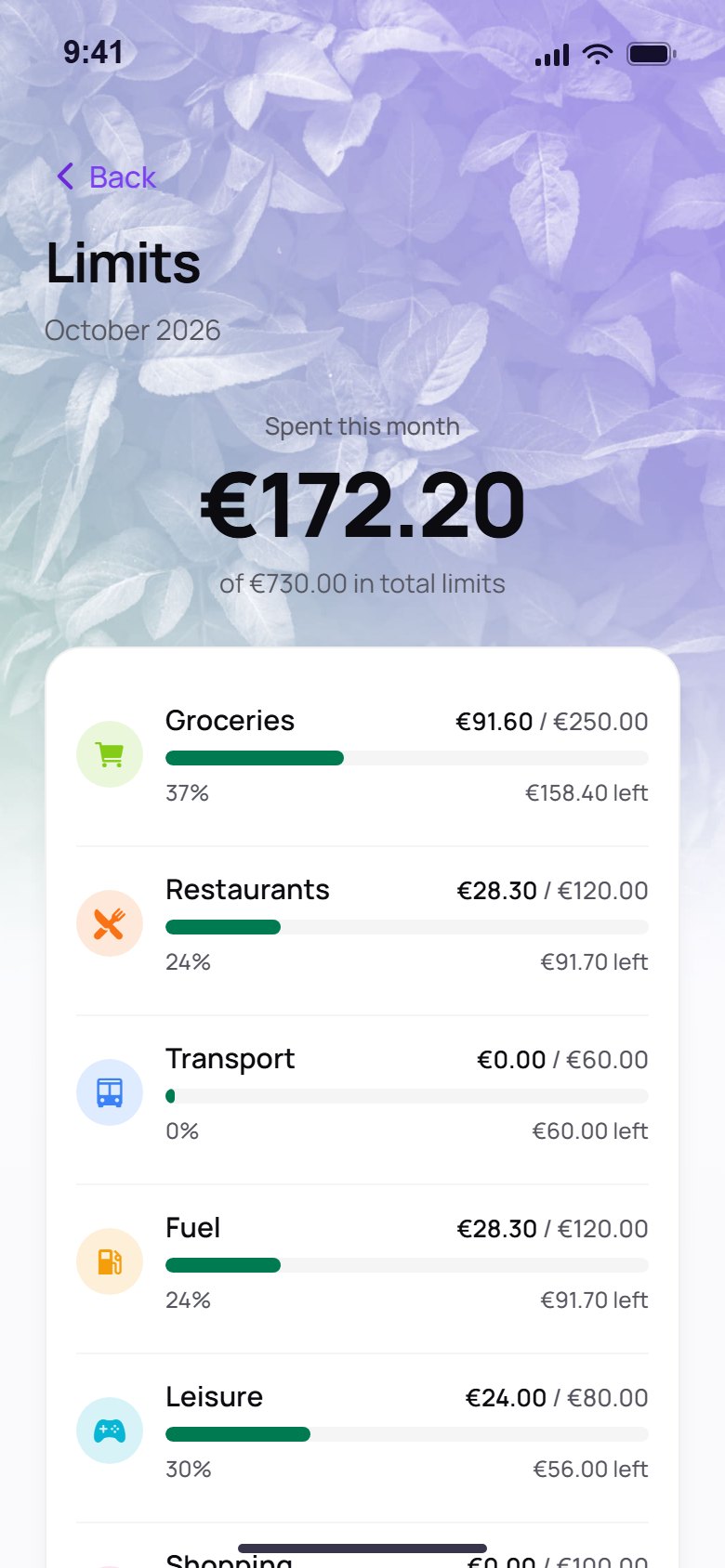 Spending limits that update with every entry